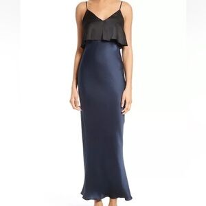 DvF Diane von Furstenberg Popover Tiered Navy Blue & Black Hammered Silk Dress